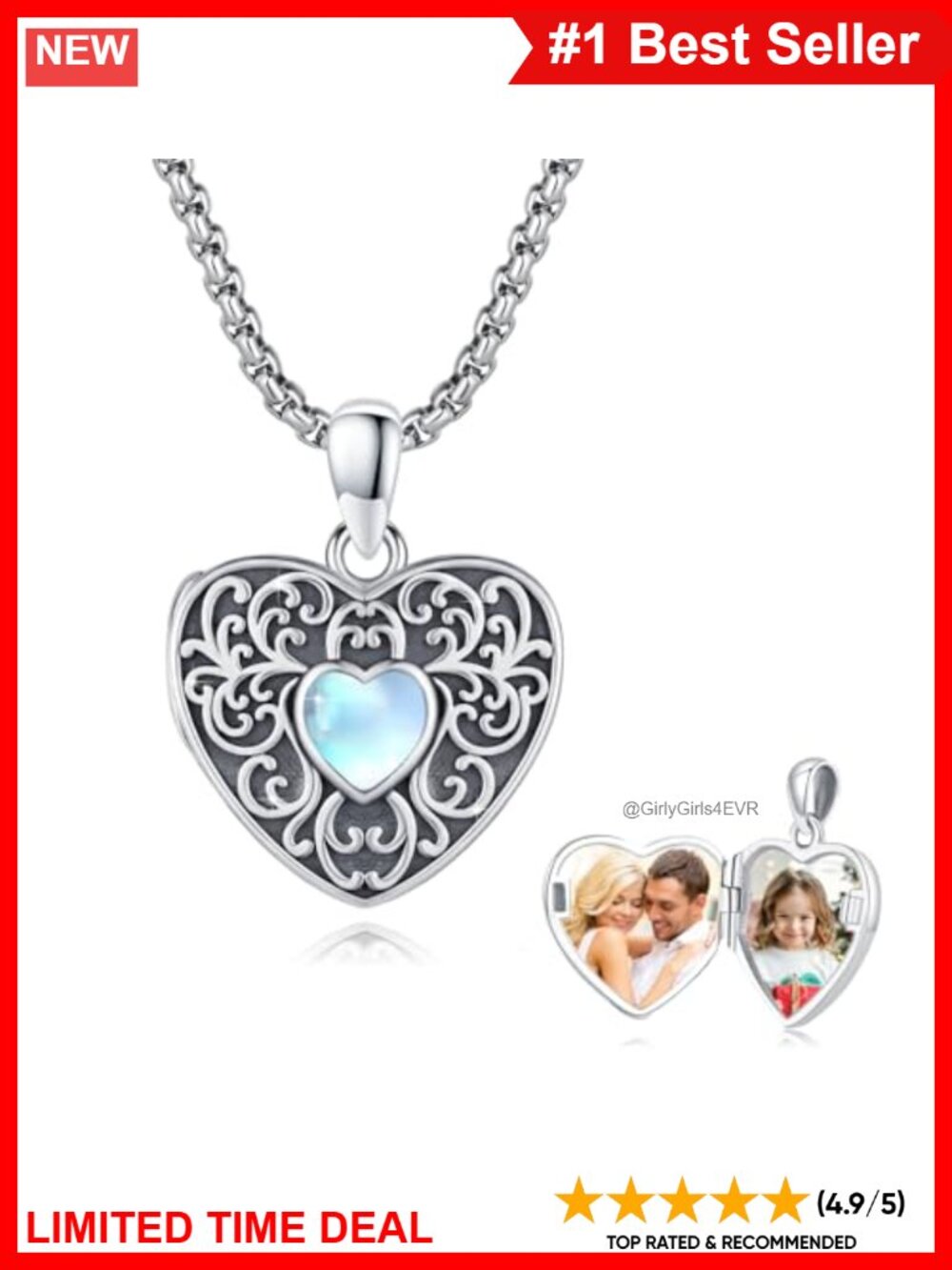 925 Sterling Silver Heart Locket Necklace Moonstone Picture Pendant
